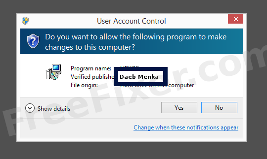 Screenshot where Daeb Menka appears as the verified publisher in the UAC dialog